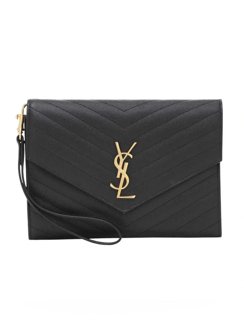 New Saint Laurent YSL Cassandre Wristlet Flap Pouch Black Grained Leather